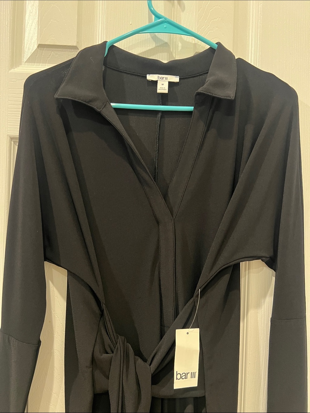 Bar III Black Tie-Waist Long Sleeve above the knee dress